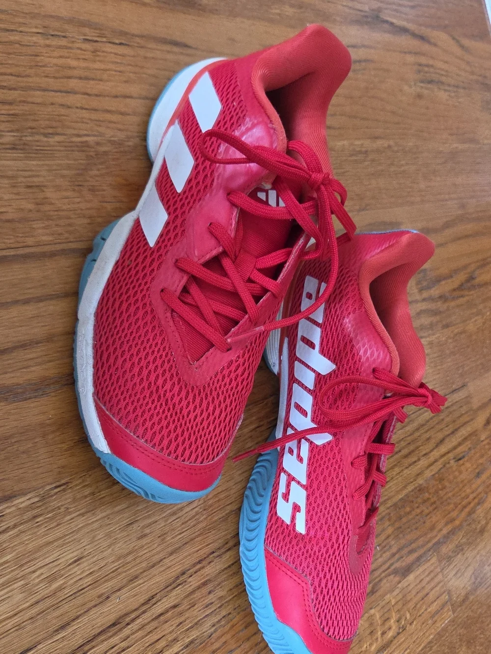 Red ADIDAS Tennis Shoes with Blue Soles